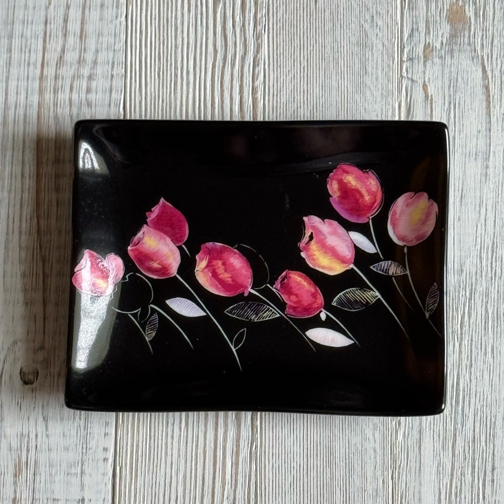 Windswept Tulip Black Floral Rectangular Trinket Tray